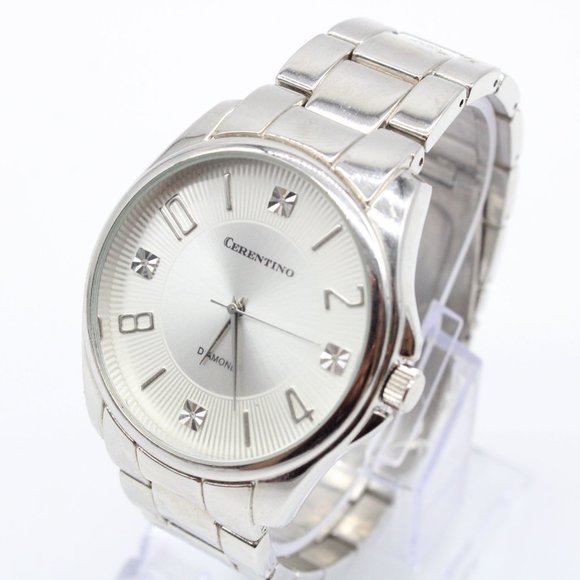 Cerentino Watch Mens Silver Tone Stainless Steel Classic Diamond Big Face - Picture 1 of 8